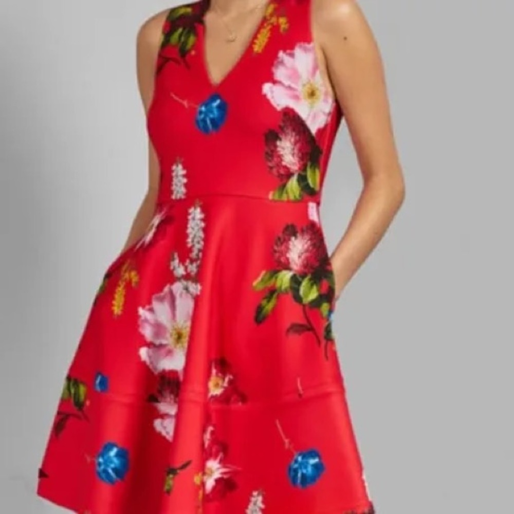 Ted Baker Red Sleeveless V-neck Sundress Fit and Flare with Pockets!